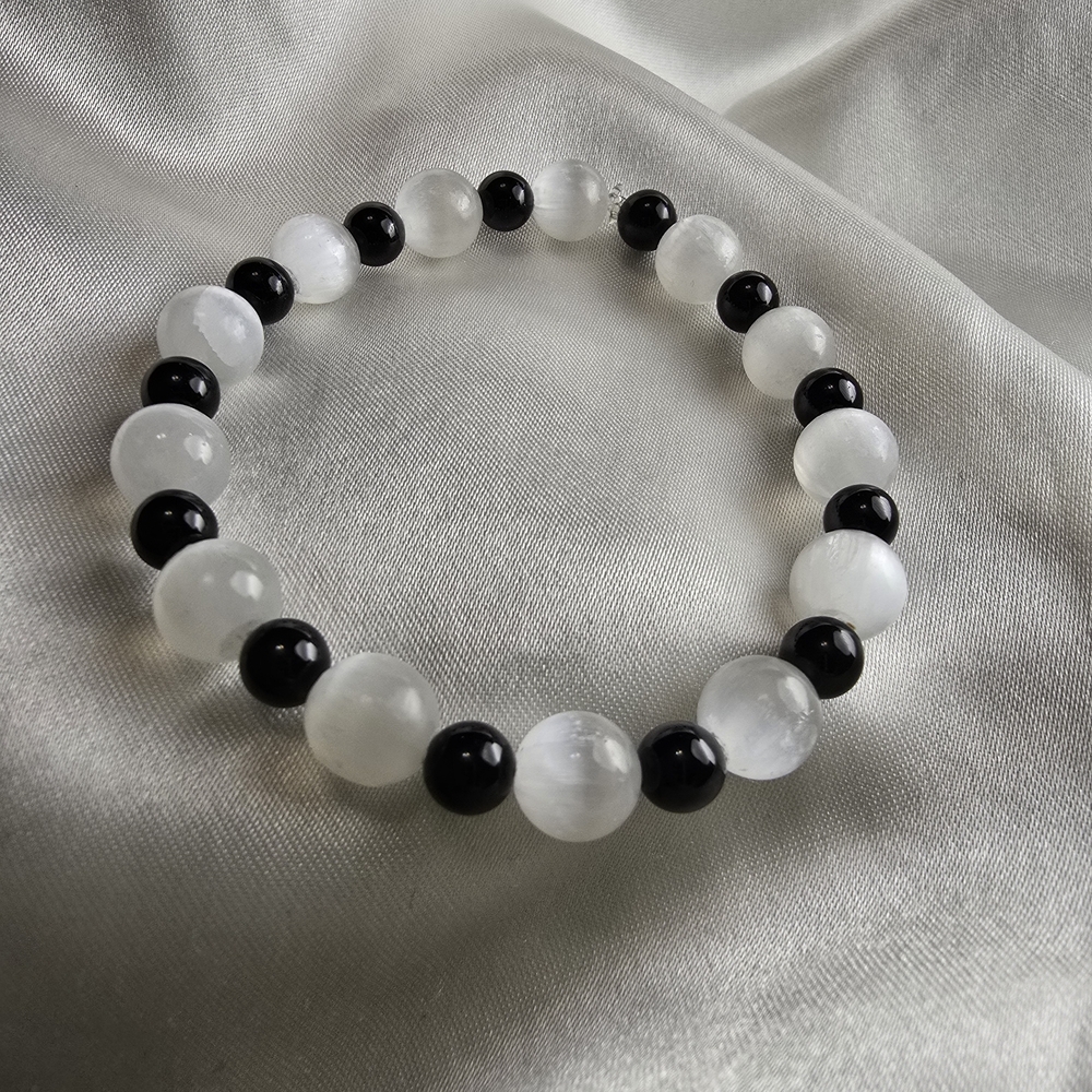 Selenite & Black Tourmaline Crystal Bracelet | Energy Cleansing & Shield